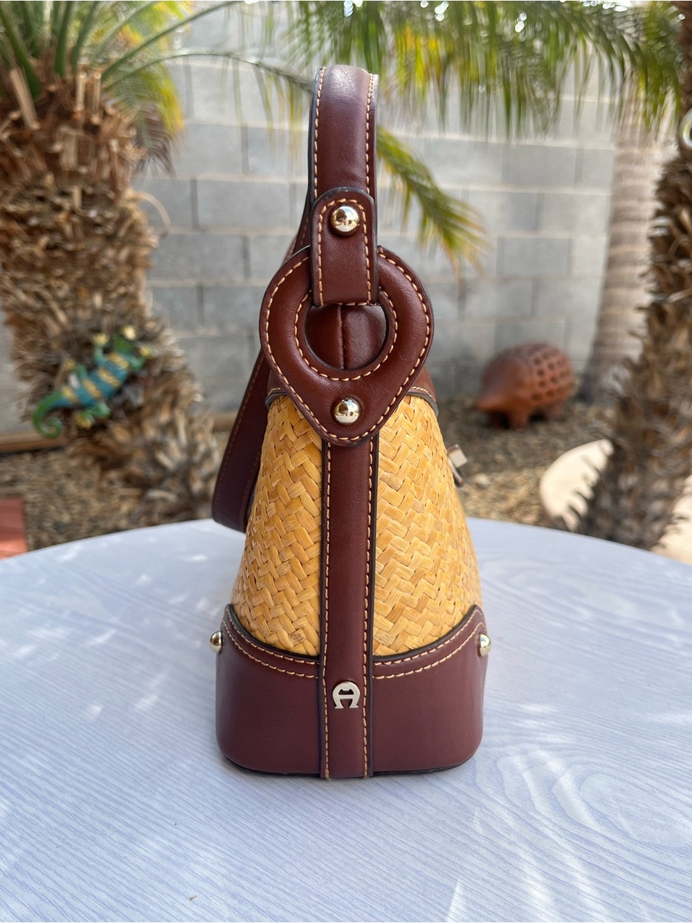 Etienne Aigner Vintage Woven Straw Shoulder Bag with Brown Leather Trim - Picture 4 of 10